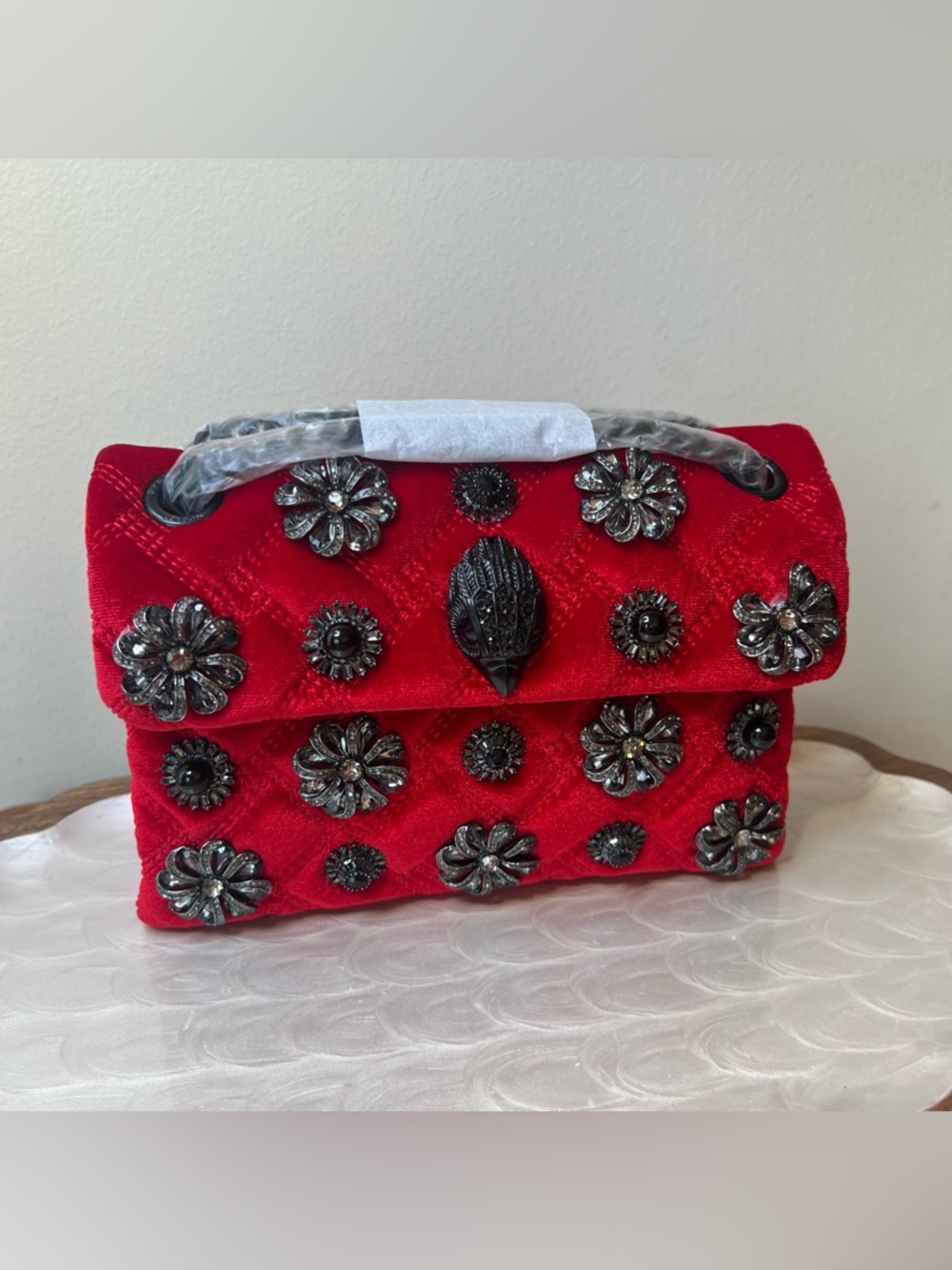 Kurt Geiger London Red Velvet Embellished Mini Kensington Bag NWT